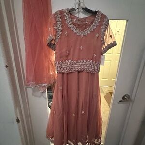 Embellished Peach Women’s Dress with Silver Trim